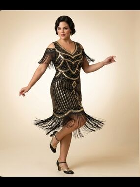 Vintage Gatsby Style Gold Sequin Flapper Dress - Plus Size US 16​Description .Ga